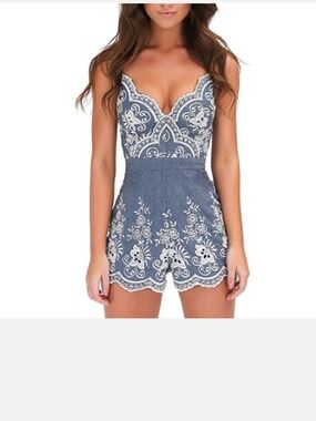 V-Neck White Embroidery Cotton Denim Romper